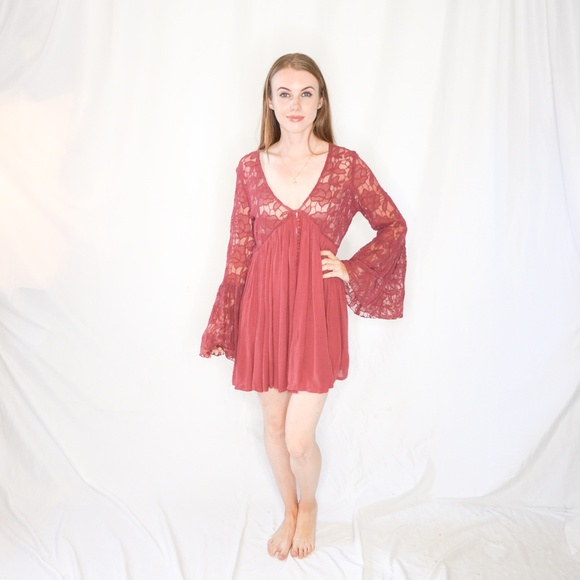 Free People Dresses & Skirts - FREE PEOPLE Red Floral Lace Knit Tunic Dress Bell